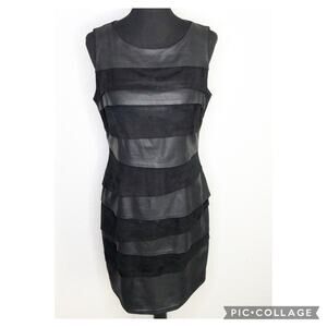 Cache black leather suede tiered layered sleeveless sheath dress size Large